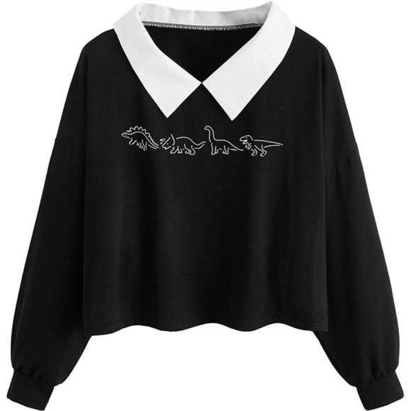 Women's Oversized Graphic Long Sleeve Collar Crop Top - Picture 1 of 4
